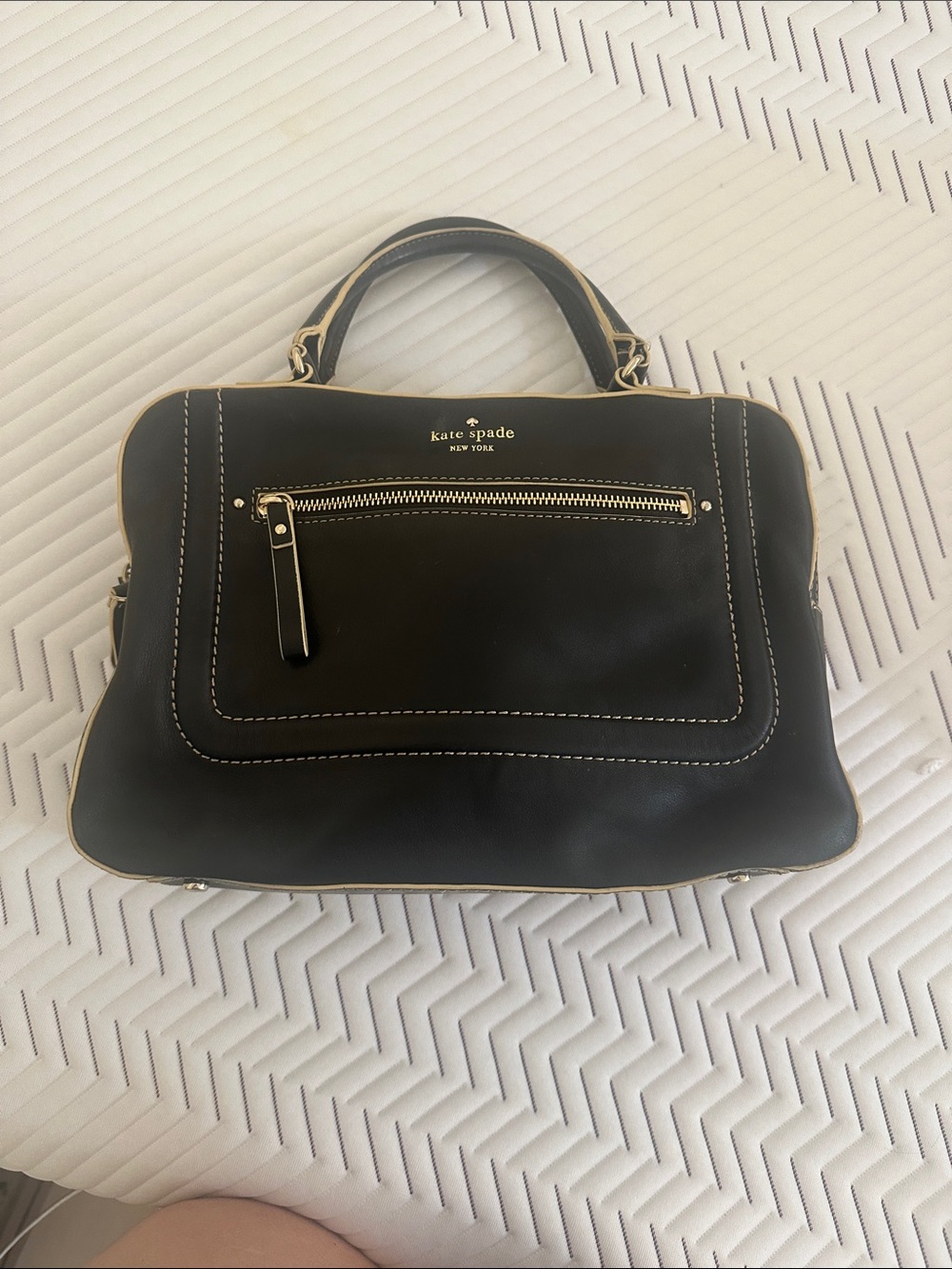 kate spade black leather satchel with gold trim